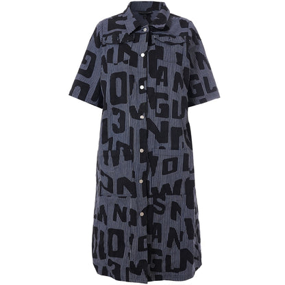 Studio SNalina Denim Dress Dress Blue white striped denim with print